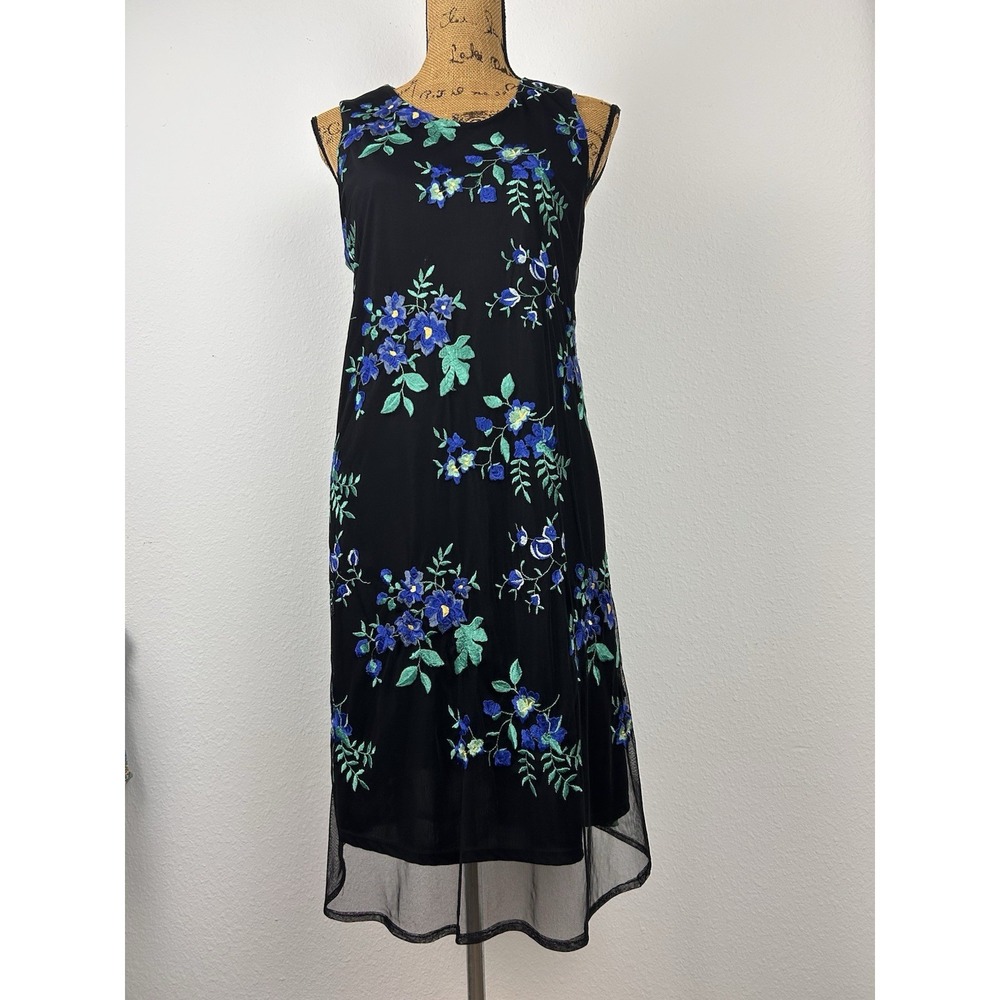 Charter Club Dress Medium Black Mesh‎ Overlay Sleeveless Embroidered Floral
